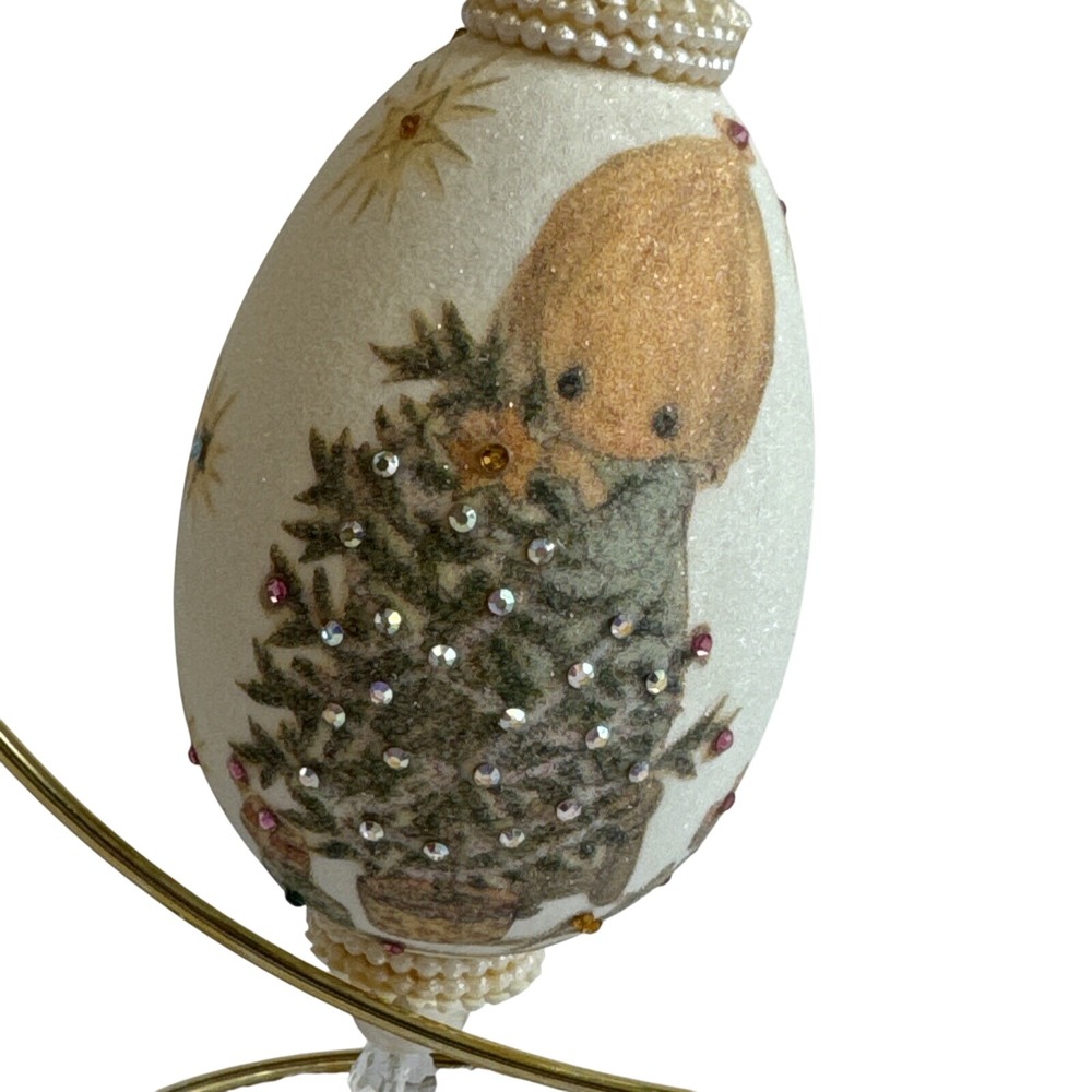 Handcrafted‎ Egg Ornament with Angel, Christmas Tree, Rhinestones & Beads